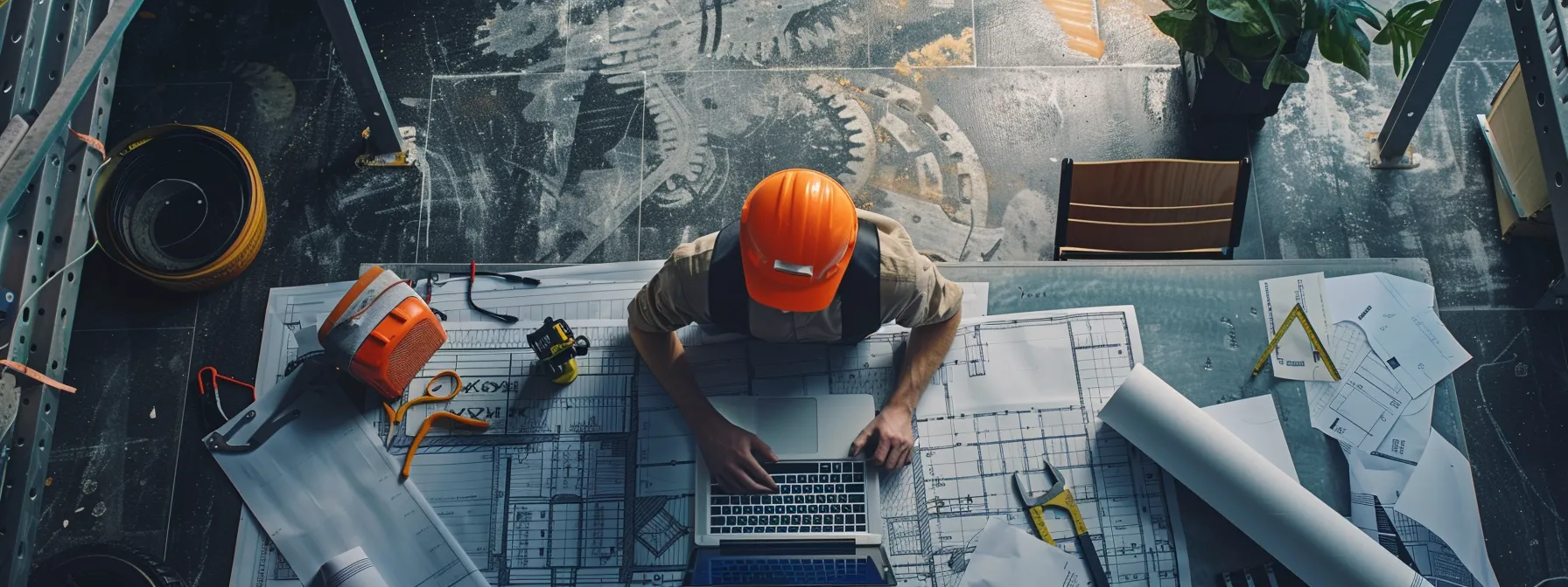 a construction worker analyzing digital marketing data on a laptop surrounded by blueprints and measuring tools.