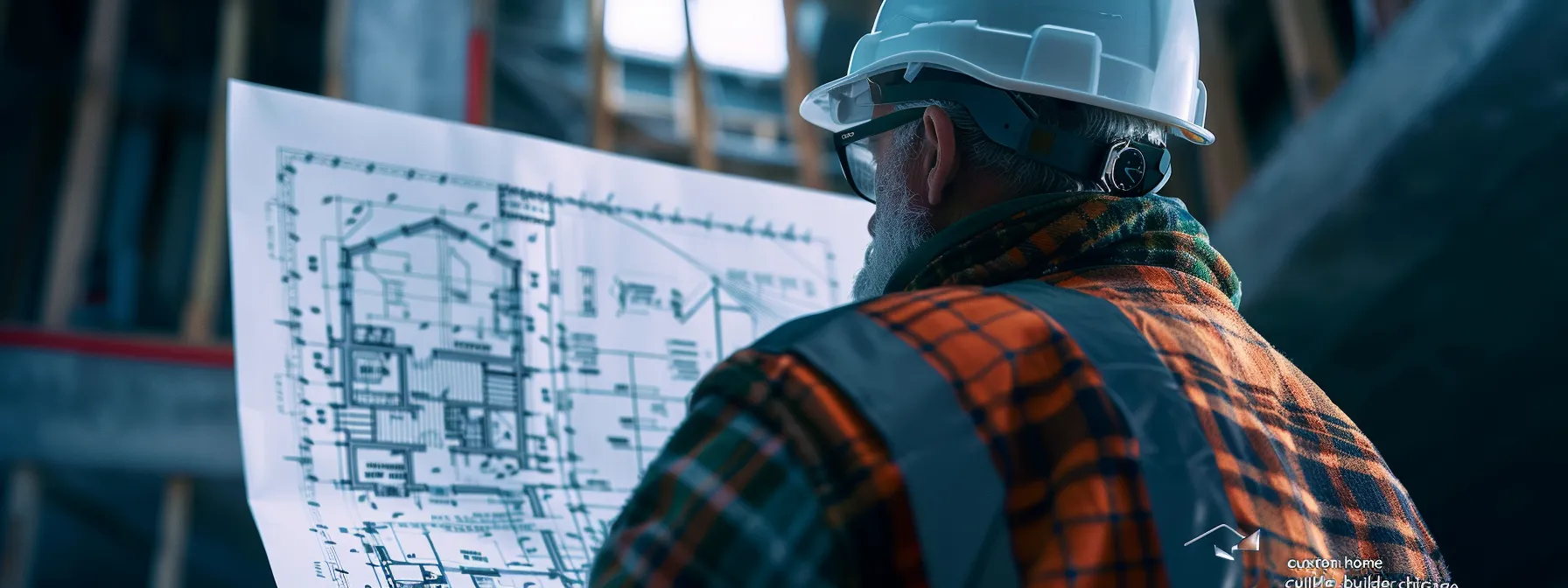 a construction worker with a hard hat, focusing on a blueprint with keywords like 