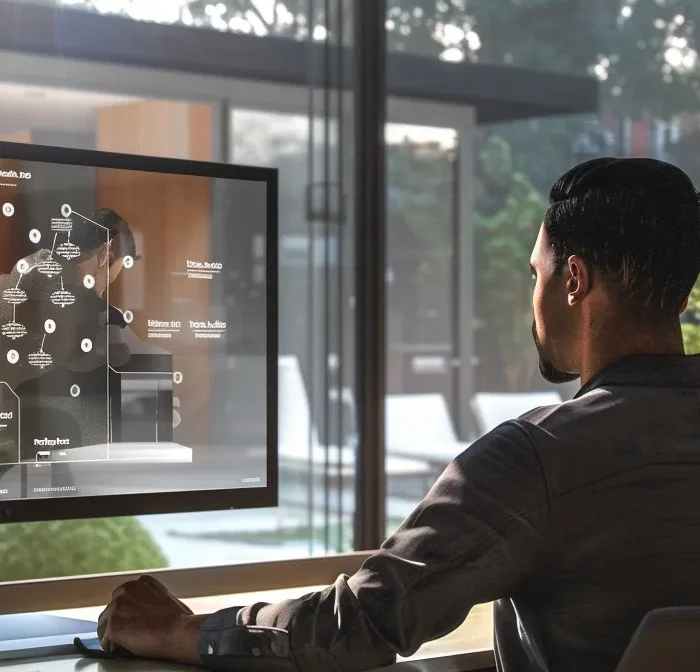 a modern home builder sitting at a computer screen, surrounded by a digital flowchart of automated email campaigns.