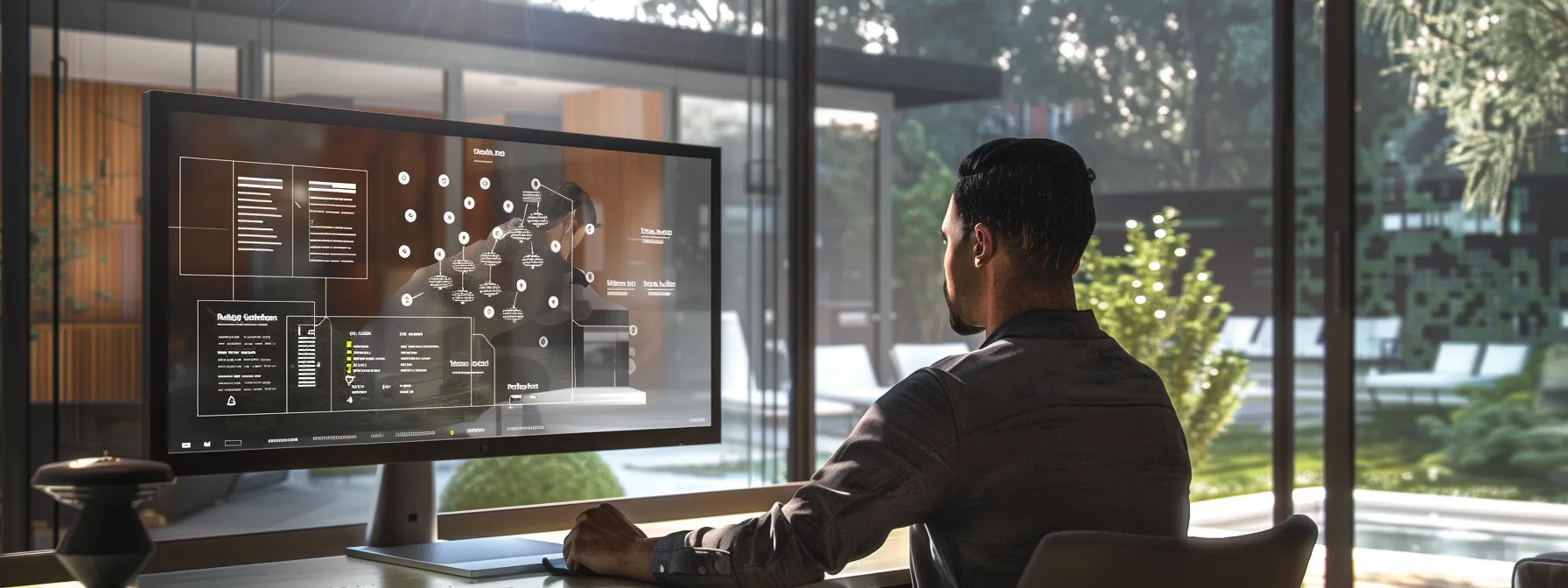 a modern home builder sitting at a computer screen, surrounded by a digital flowchart of automated email campaigns.