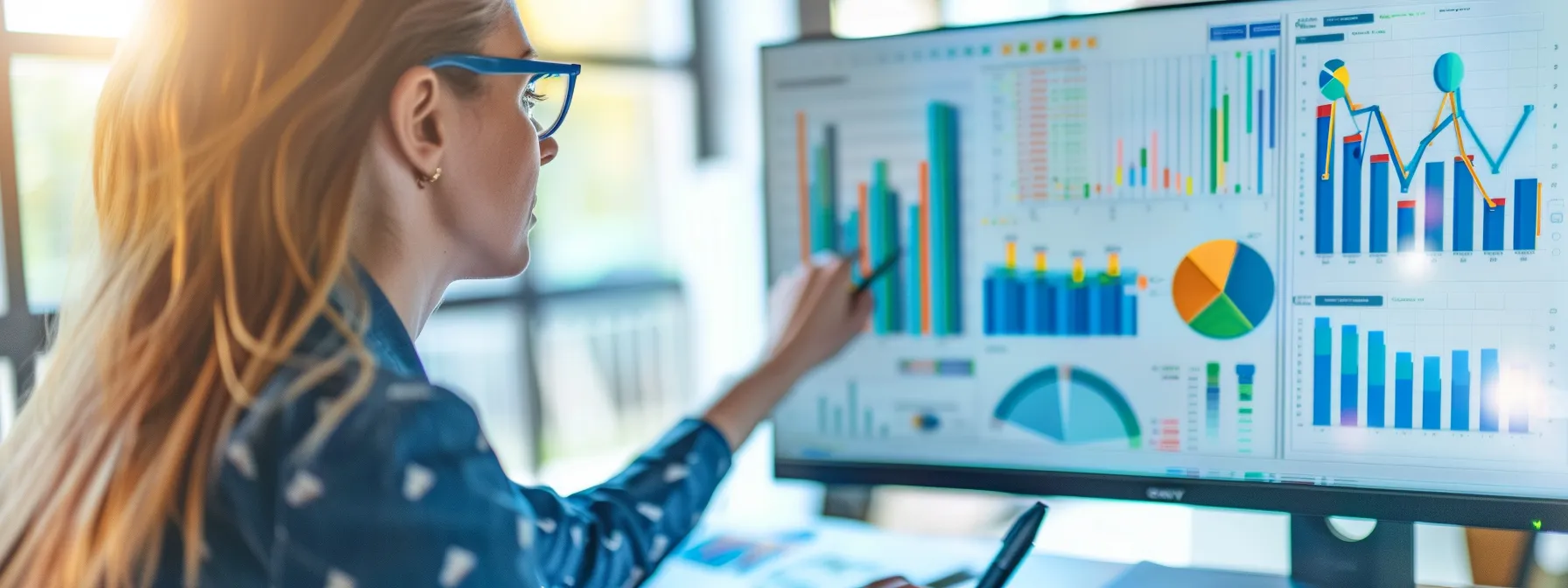 a home builder studying a detailed analytics report on a computer screen, surrounded by graphs and charts showing audience engagement metrics on facebook.