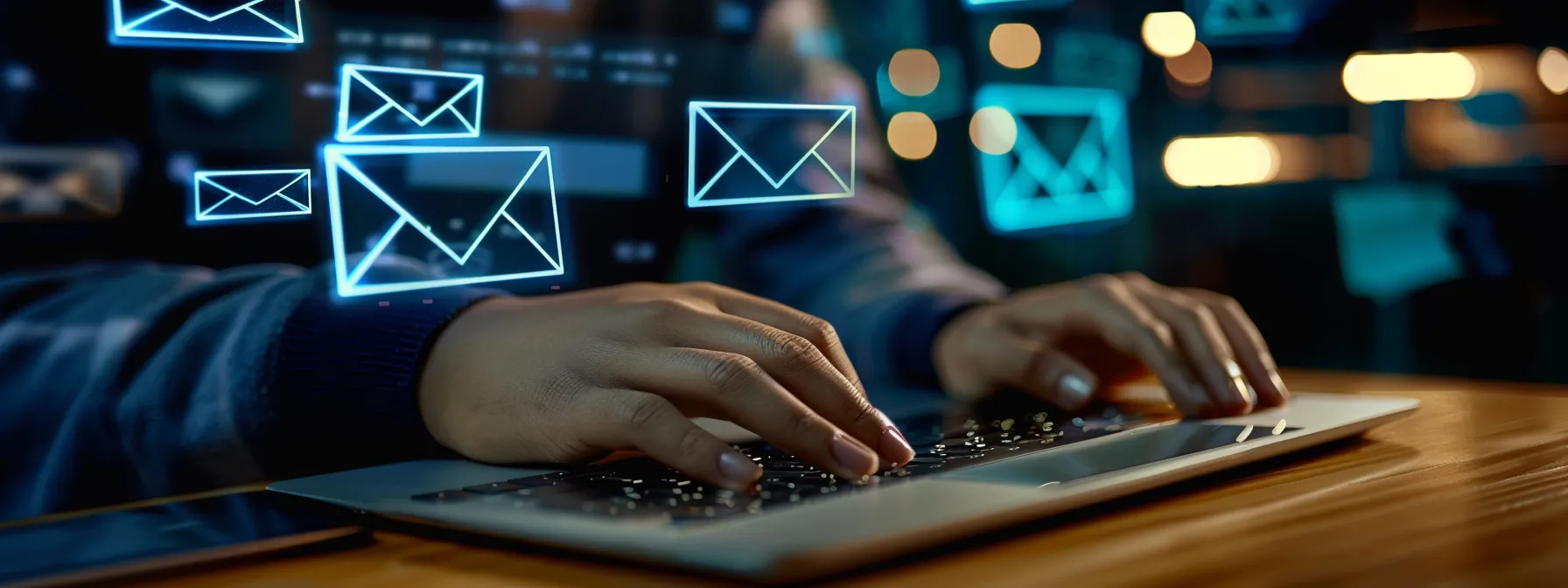 a person typing on a sleek laptop with multiple customized email templates displayed on the screen, showcasing targeted content tailored to individual recipients.