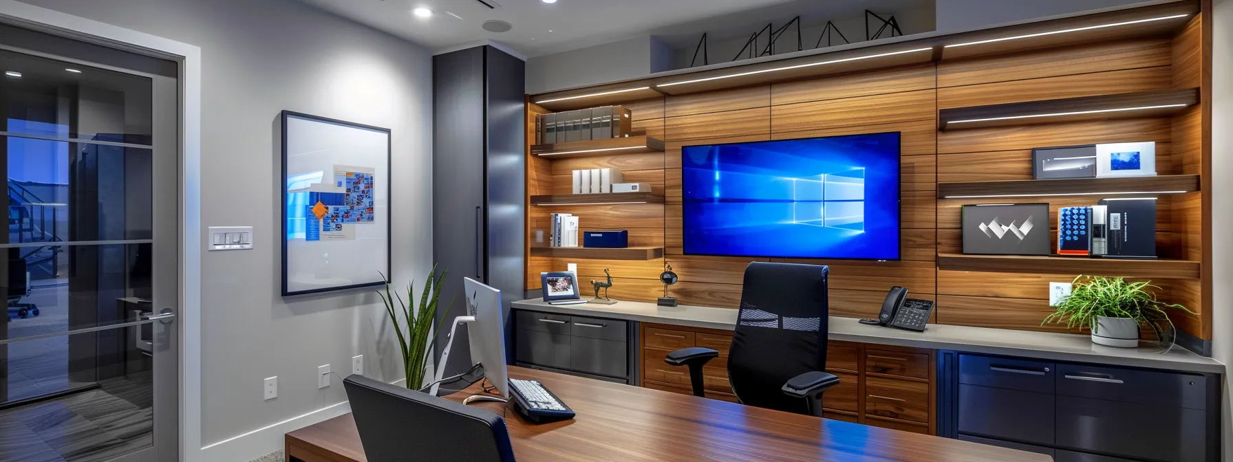 a modern home builder's office with a sleek computer screen displaying a cohesive email marketing campaign integrated with social media and content marketing strategies.