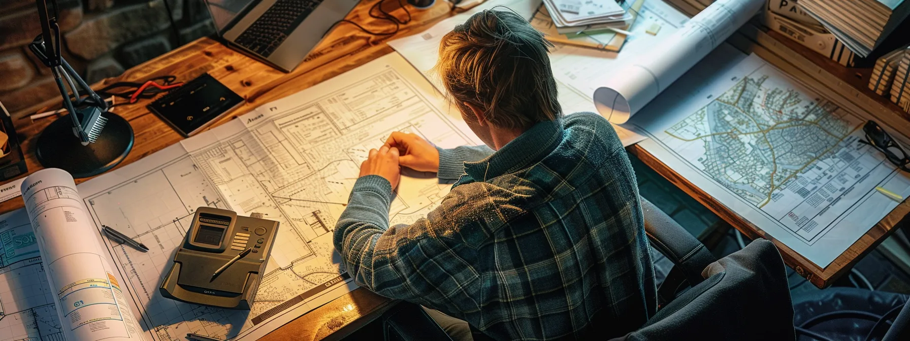 a home builder studying blueprints and market data at a desk, surrounded by local area maps and construction materials.