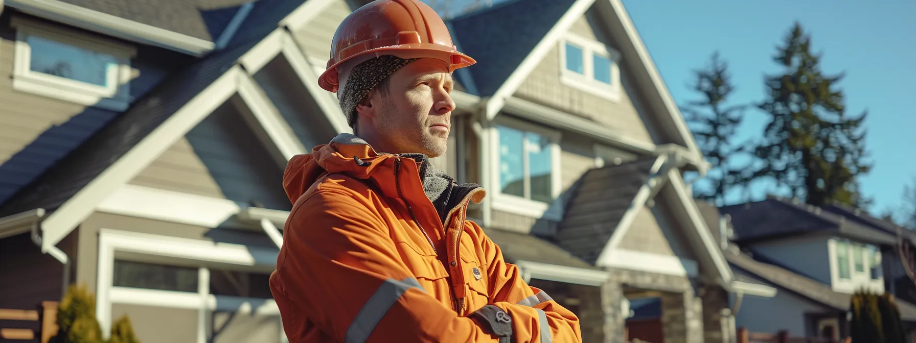 a construction worker in a hard hat standing proudly in front of a newly built, modern home.