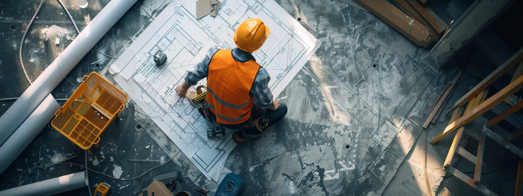 a construction worker hammering a sturdy backlink into a digital blueprint, surrounded by a map showing local citations to establish authority in the home builder industry.