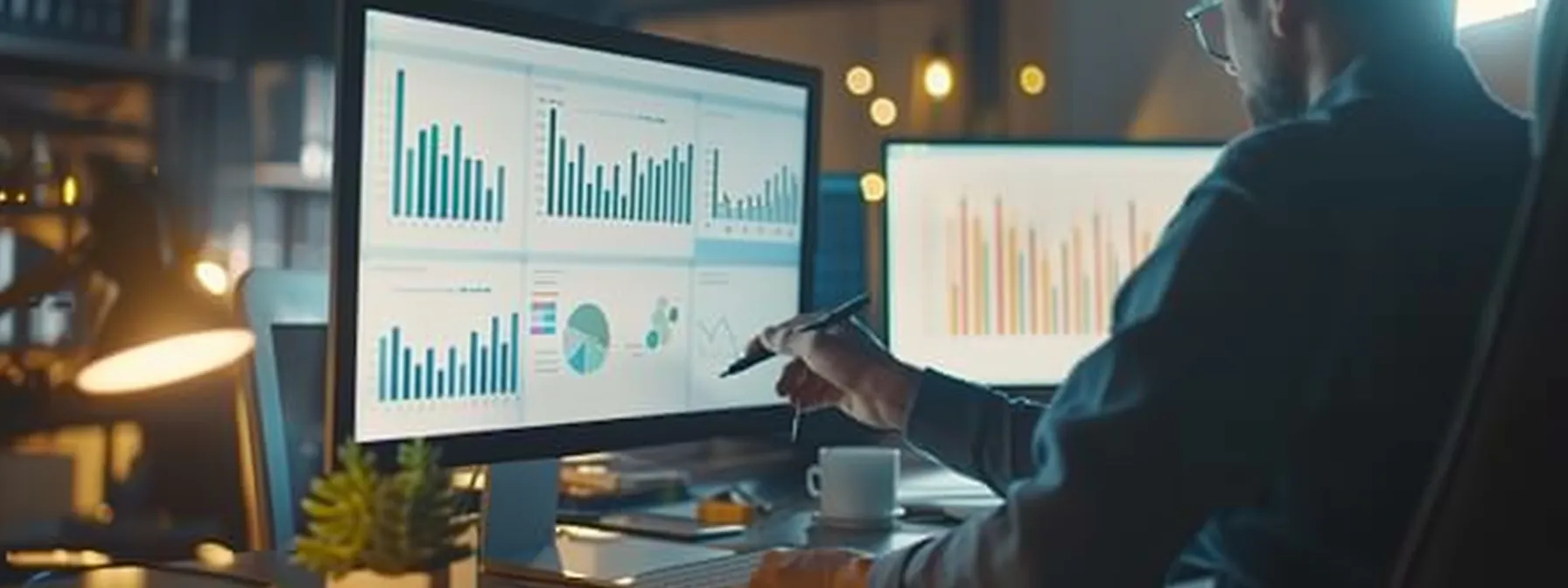 a person analyzing a computer screen with graphs and charts showing email marketing metrics like open rates and conversion rates in a bright, modern office.