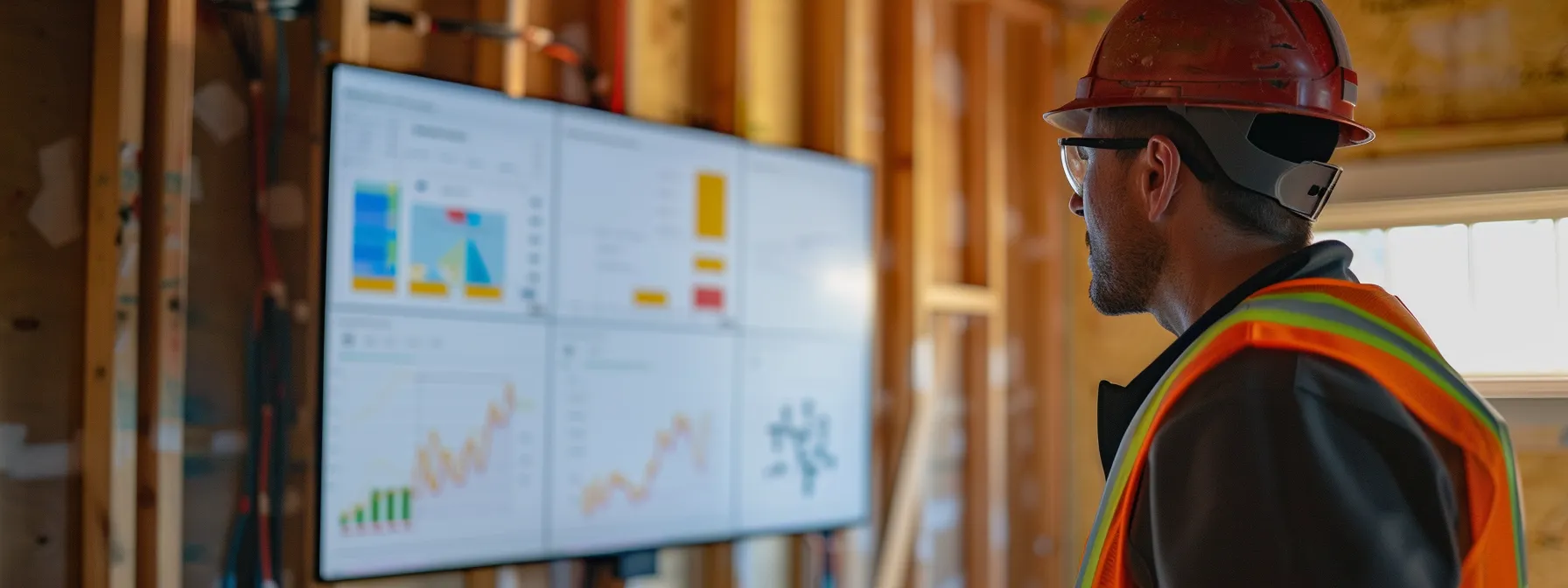 a construction worker studying a digital screen displaying a detailed analysis of competitor keywords, with charts and graphs showing keyword rankings and potential opportunities for improvement in the home improvement market.