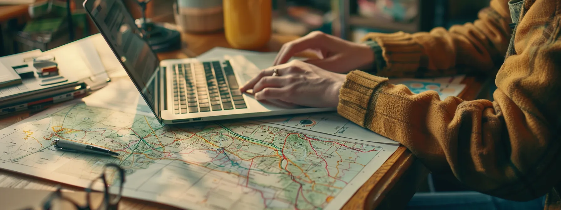 a person typing on a laptop surrounded by maps and charts, conducting in-depth local keyword research for a home building company.