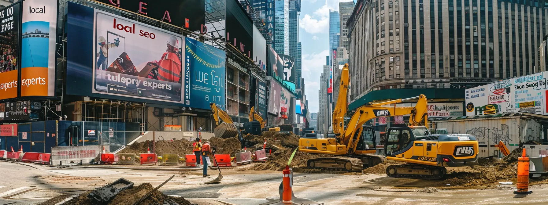 a bustling construction site with a banner showcasing 