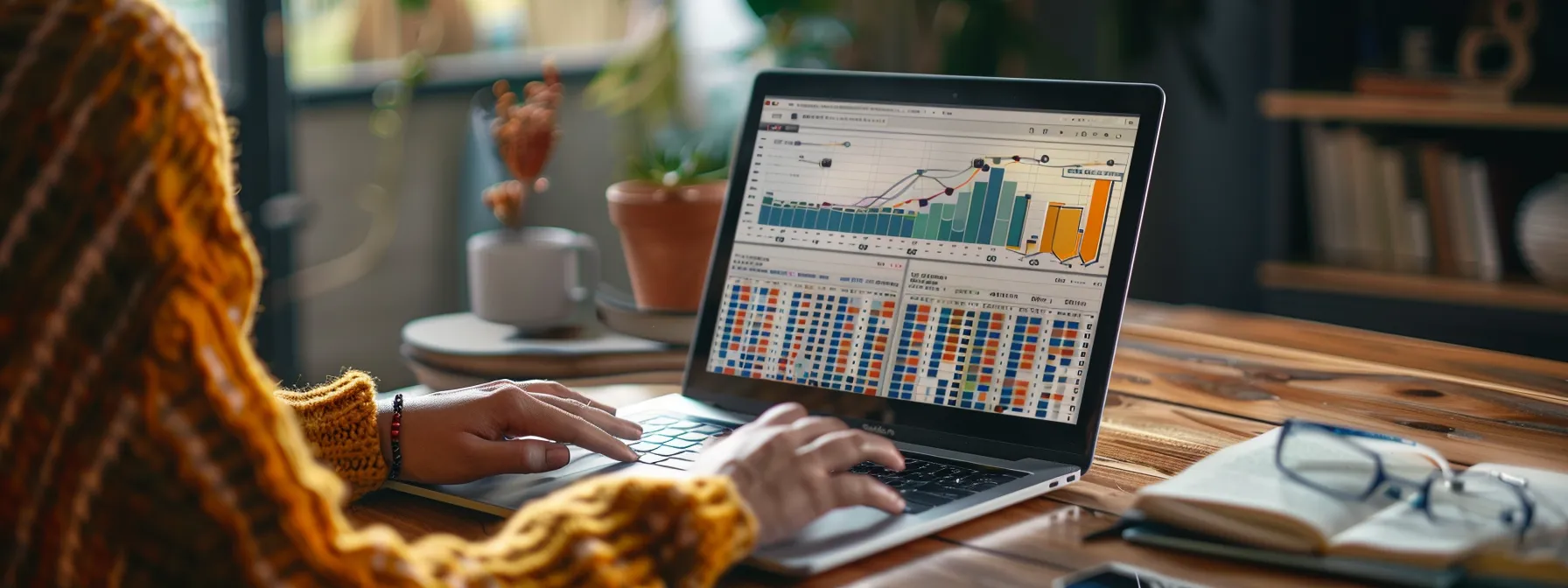 a person typing on a laptop surrounded by charts and graphs, optimizing email marketing metrics.
