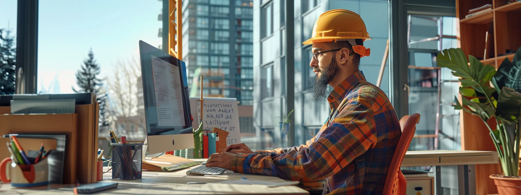 a construction worker crafting personalized emails to different buyer personas with a computer displaying klaviyo on the screen.