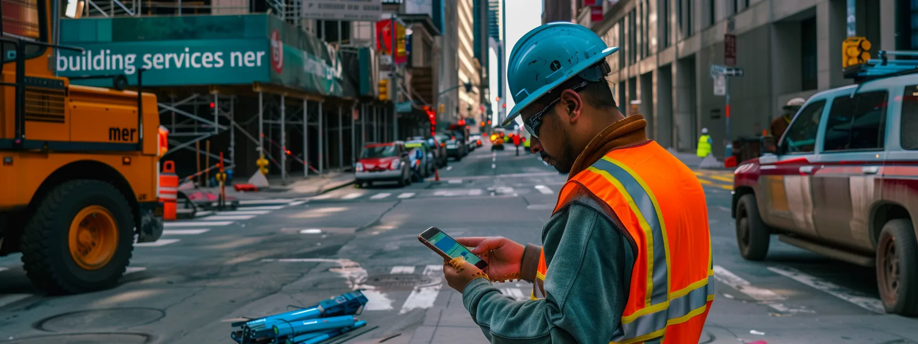 a construction worker using a mobile phone to search for 