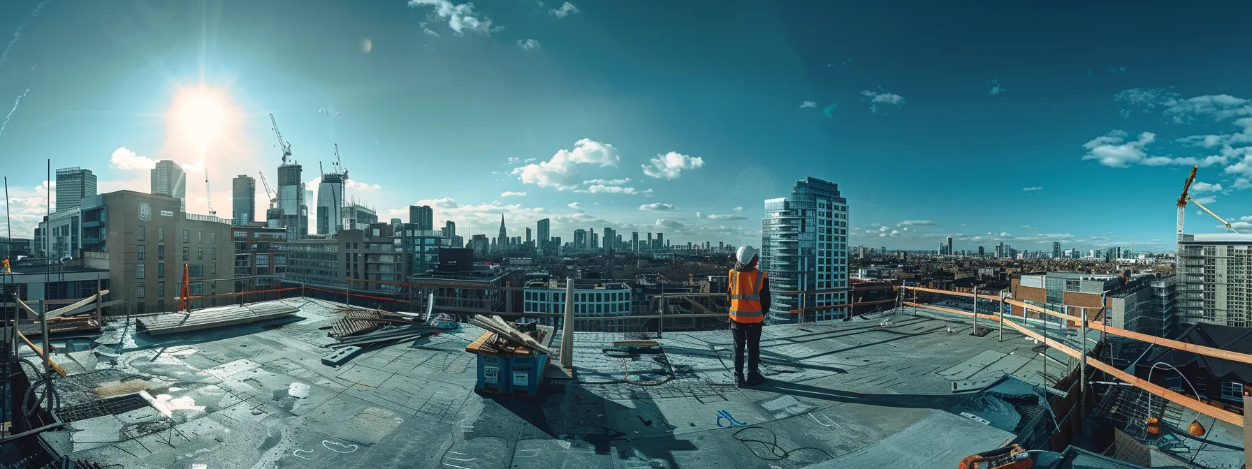 a construction worker stands on a rooftop, surrounded by a panoramic view of a vibrant city skyline, showcasing the impact of effective seo on home builders.