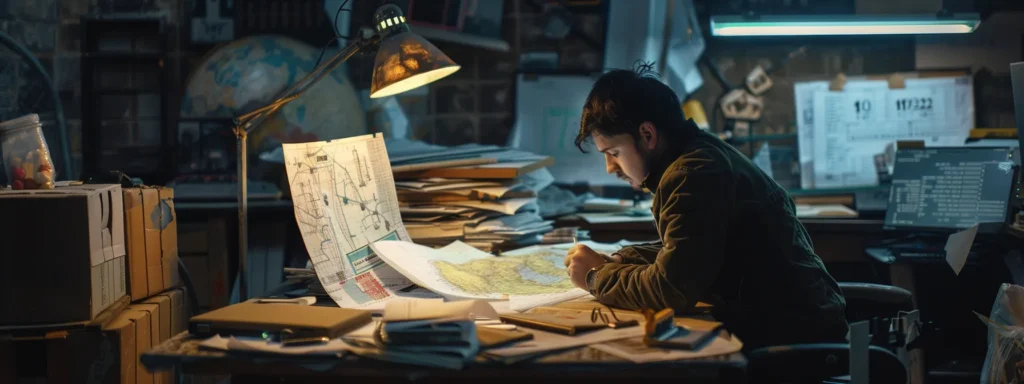 a construction worker studying a map of local neighborhoods, surrounded by stacks of blueprints and a computer displaying competitor keyword analysis data.