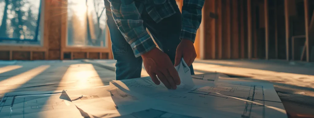a construction worker carefully placing a backlink on a blueprint of a new home build.