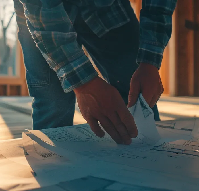 a construction worker carefully placing a backlink on a blueprint of a new home build.