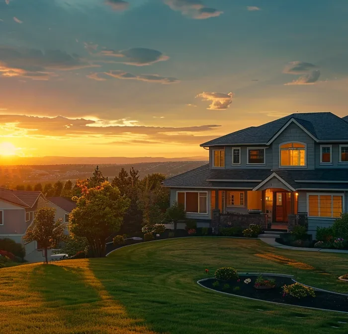 a stunning, modern home exterior with a beautifully landscaped yard and a vibrant sunset in the background.