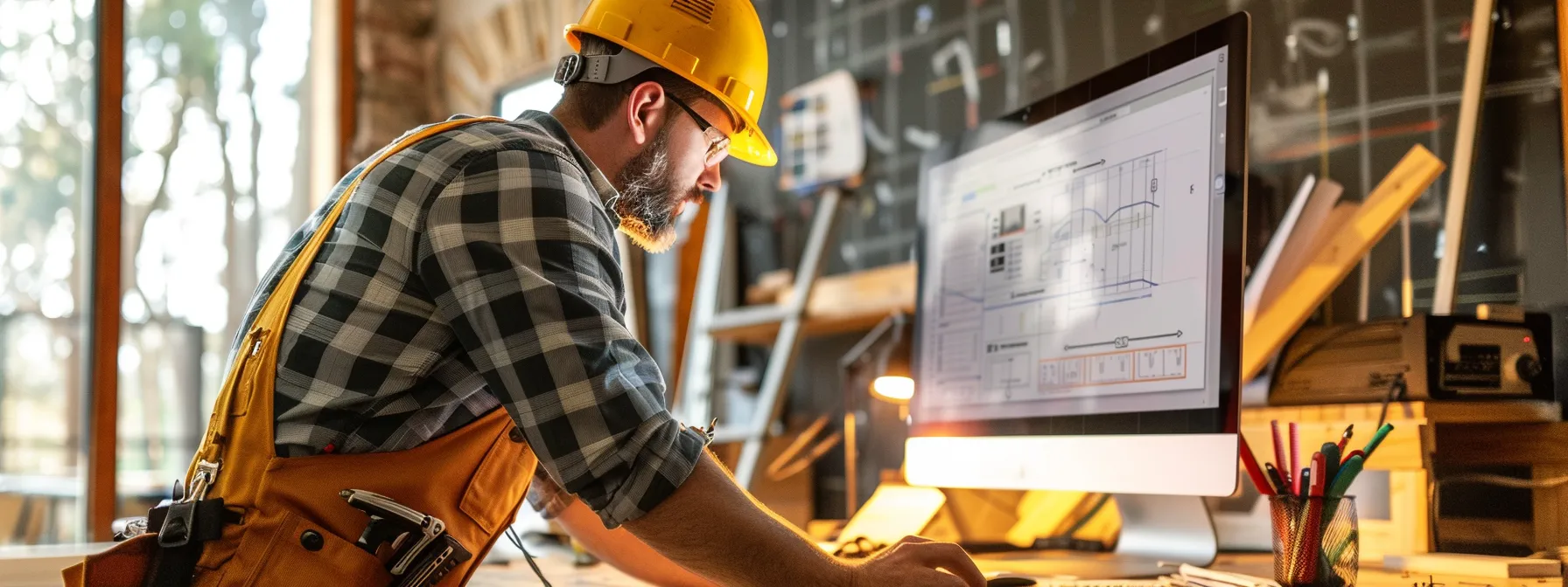 a builder carefully selecting specific keywords on a computer screen, surrounded by construction plans and tools, highlighting the importance of seo in the home construction industry.