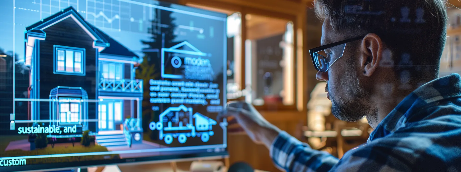 a home builder carefully selecting keywords on a computer screen, with words like 