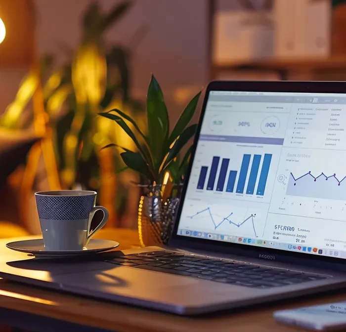 a laptop displaying charts and graphs related to email campaign metrics, surrounded by a cozy home office setting with a cup of coffee and a plant.