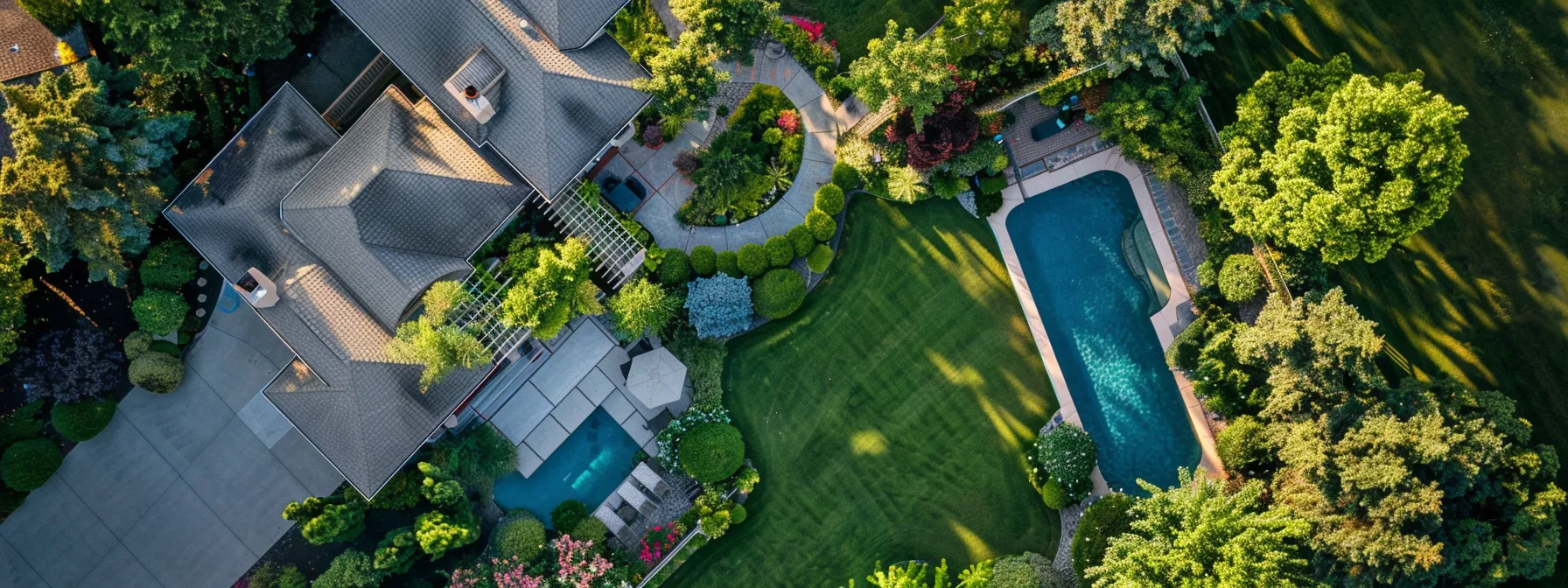 a stunning aerial view of a newly built luxury home surrounded by lush landscaping and a sparkling pool, capturing the attention of potential home buyers.