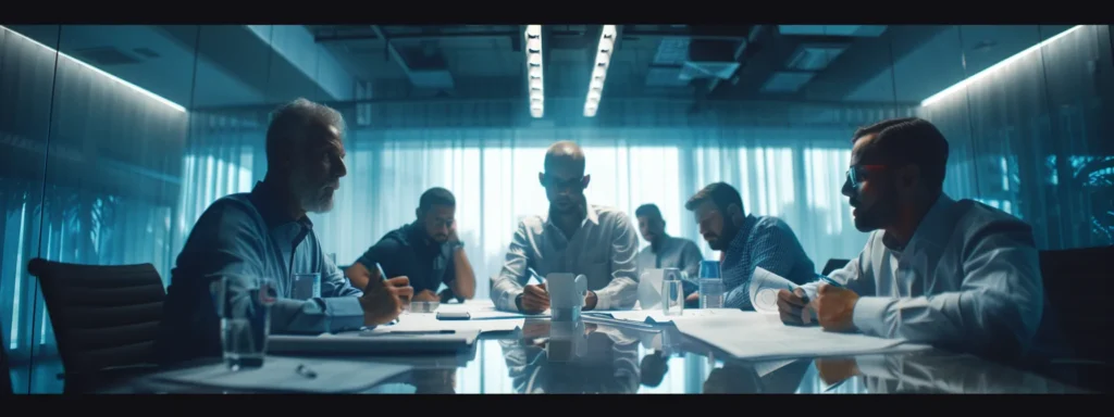 a group of home builders analyzing blueprints and digital seo data on a large conference table.