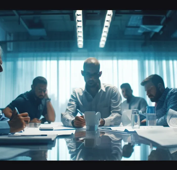 a group of home builders analyzing blueprints and digital seo data on a large conference table.