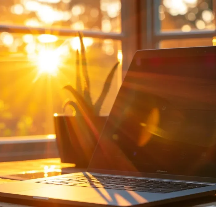 sunlight streaming through a window illuminating a sleek home builder marketing email template on a laptop screen.