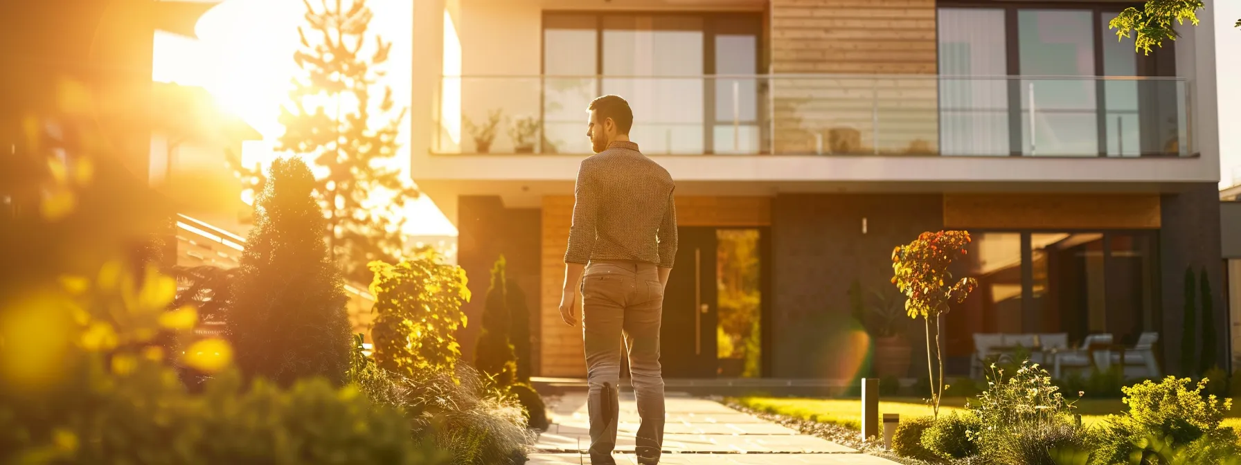 a builder standing in front of a beautiful, modern home showcasing the design on a visually stunning social media platform.