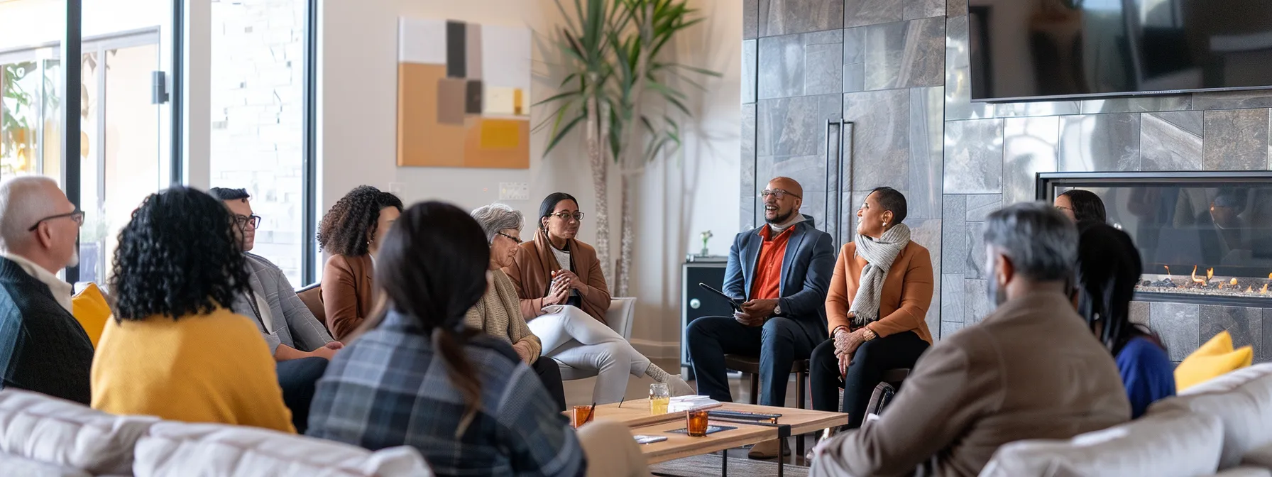 a group of diverse individuals actively participating in a live q&a session hosted by a home construction brand, engaging with industry experts and influencers.