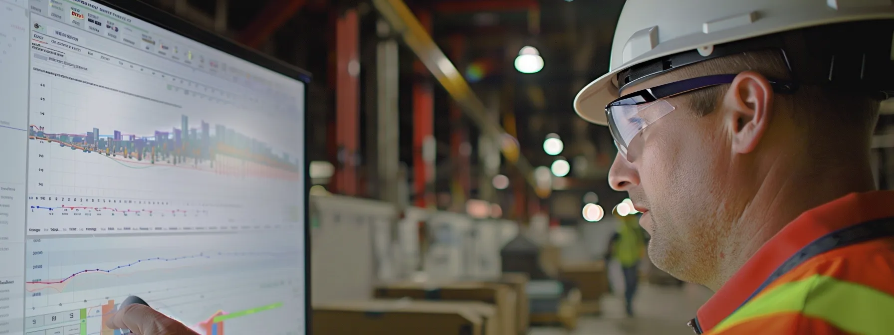 a construction worker analyzing a computer screen displaying a graph of keyword performance, adjusting their seo strategy to stay ahead of industry trends.