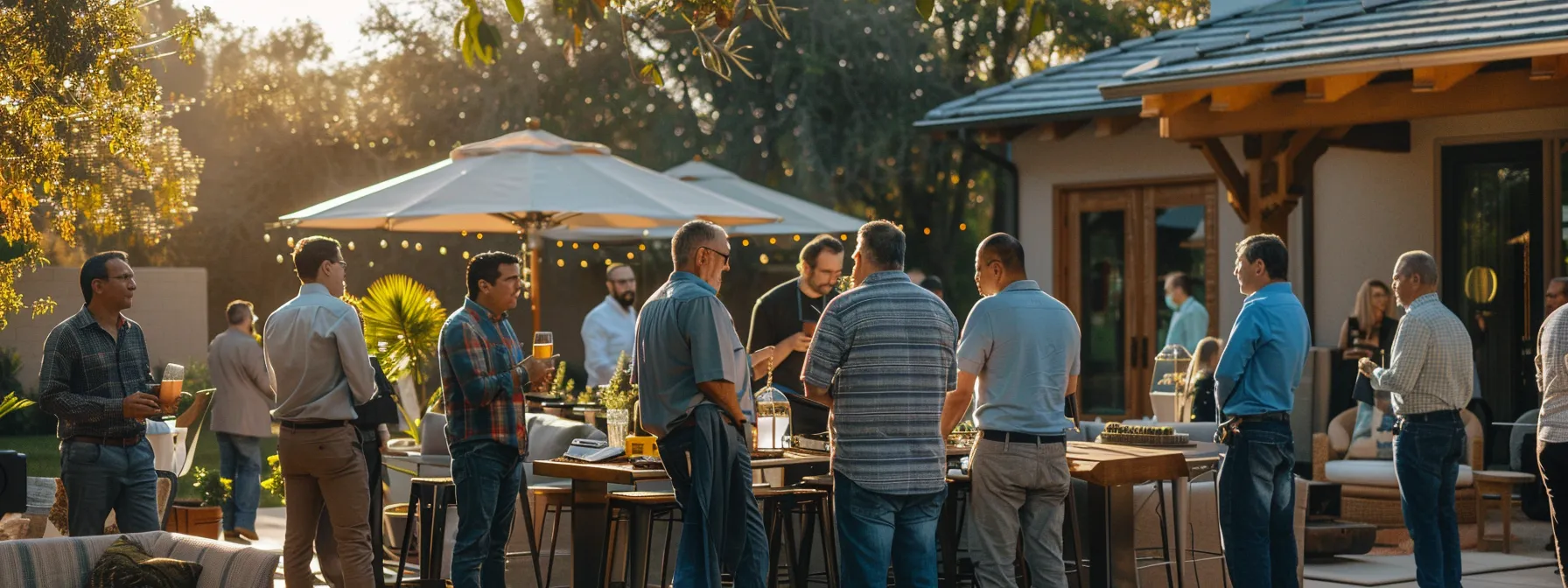 a photo of a home builder networking with local businesses at a community event, showcasing expertise and building valuable relationships for online visibility.