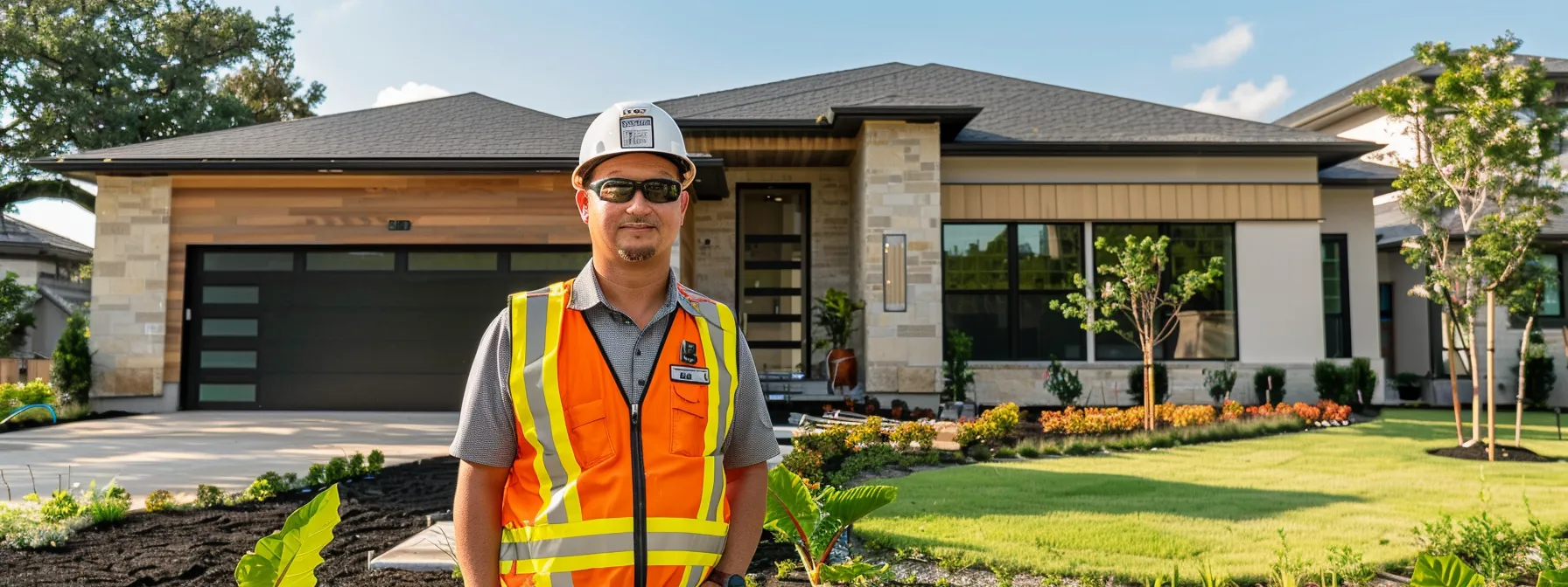 a construction worker standing proudly in front of a newly built, modern home, surrounded by lush green landscaping, showcasing the success of effective seo strategies for home builders.