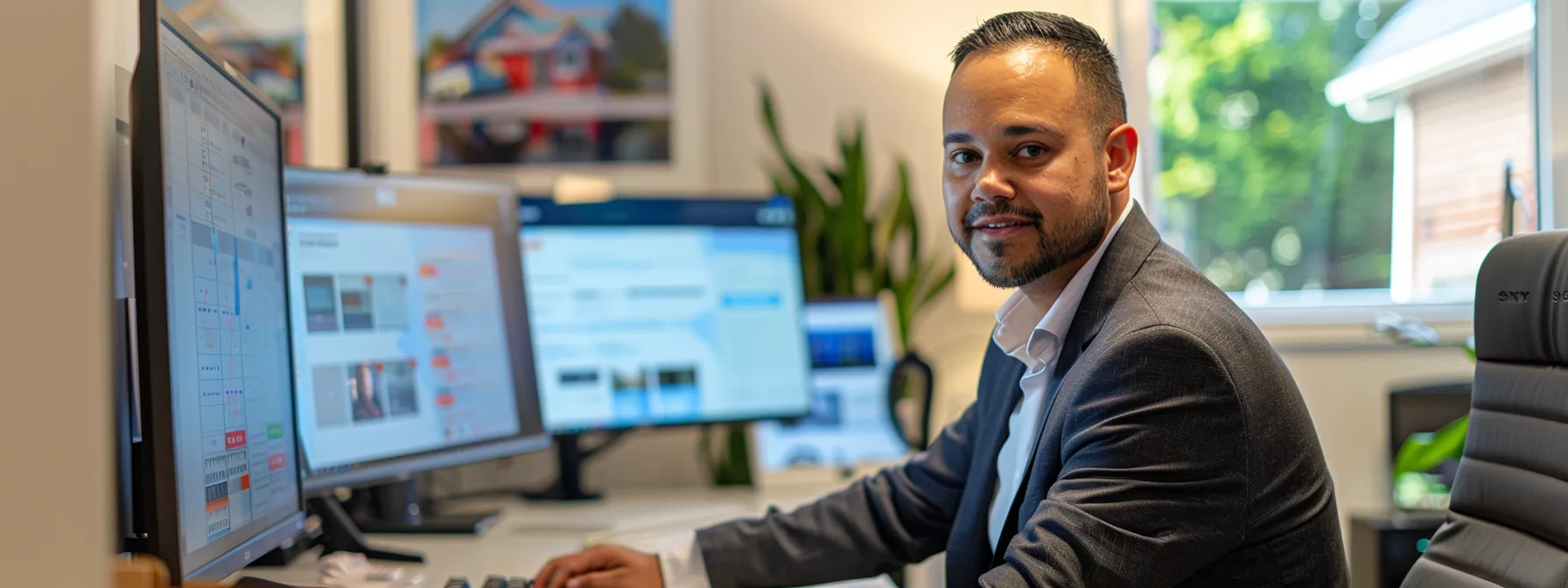 a busy real estate agent sitting at a computer, surrounded by screens showing different client segments for personalized email campaigns.