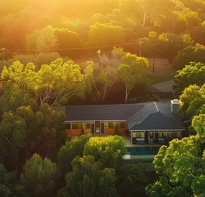 a stunning aerial shot of a modern, spacious home surrounded by lush greenery and bathed in golden sunlight, perfect for an instagram campaign for home builders.