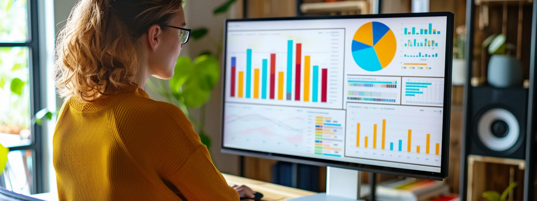 a person analyzing colorful graphs and charts on a computer screen to refine email marketing efforts for a home building organization.