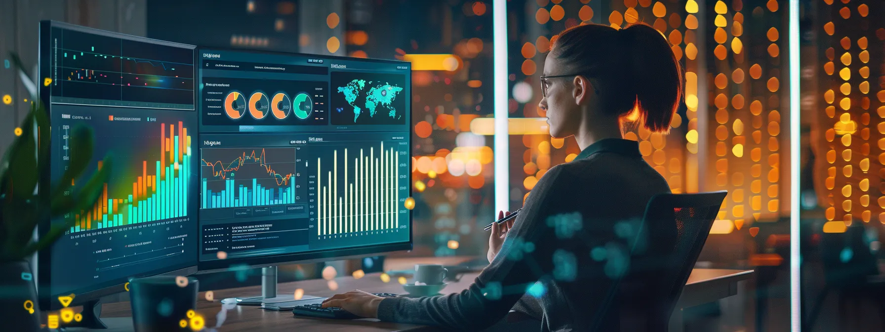 a person analyzing data on a computer screen with colorful graphs and charts, representing the measurement and optimization of email marketing performance.