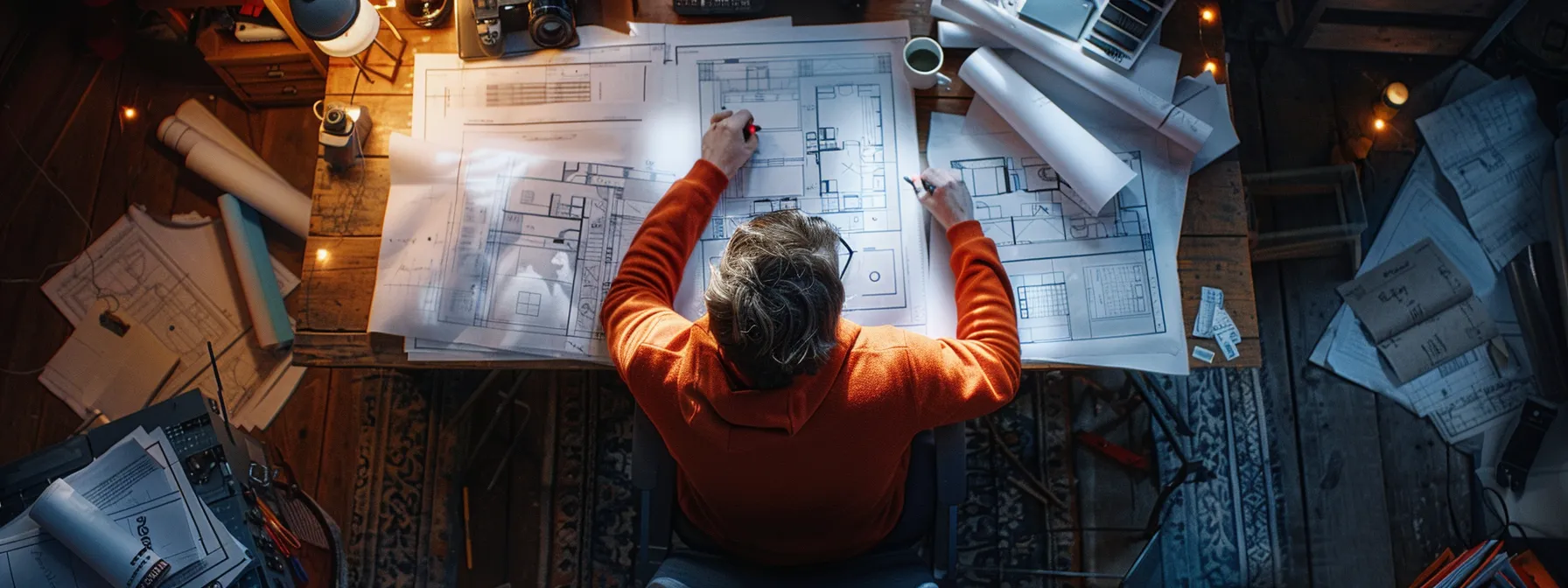 a builder crafting personalized emails at a desk surrounded by blueprints and design sketches.