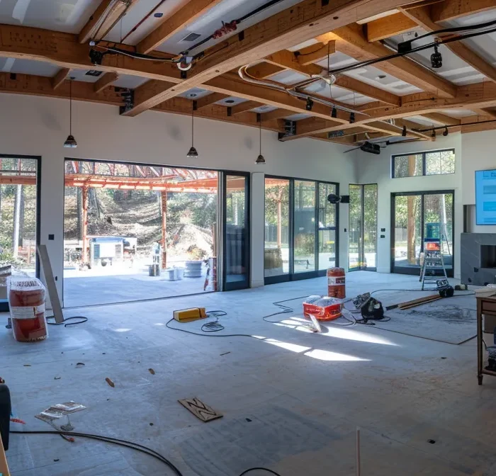 a modern, spacious home under construction with a digital marketing strategy whiteboard filled with seo keywords in the foreground.