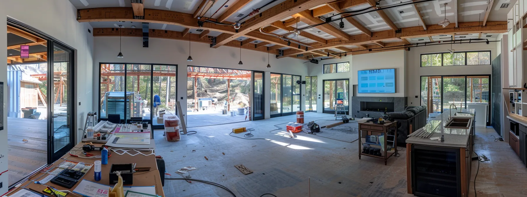 a modern, spacious home under construction with a digital marketing strategy whiteboard filled with seo keywords in the foreground.