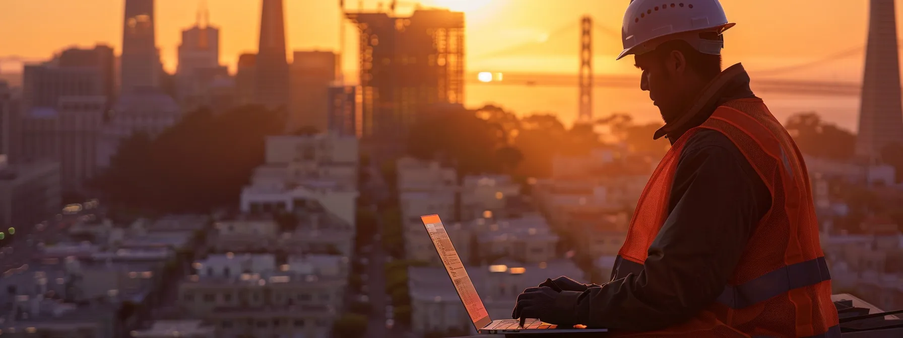 a construction worker optimizing a website on a laptop with a city skyline in the background.