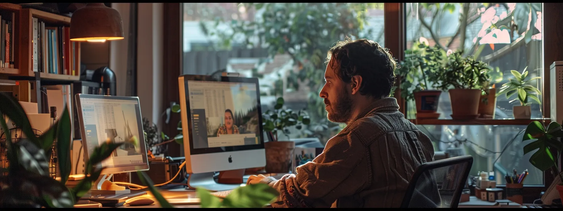 a busy home builder sitting at a computer, surrounded by screens showing automated email campaigns and project updates.