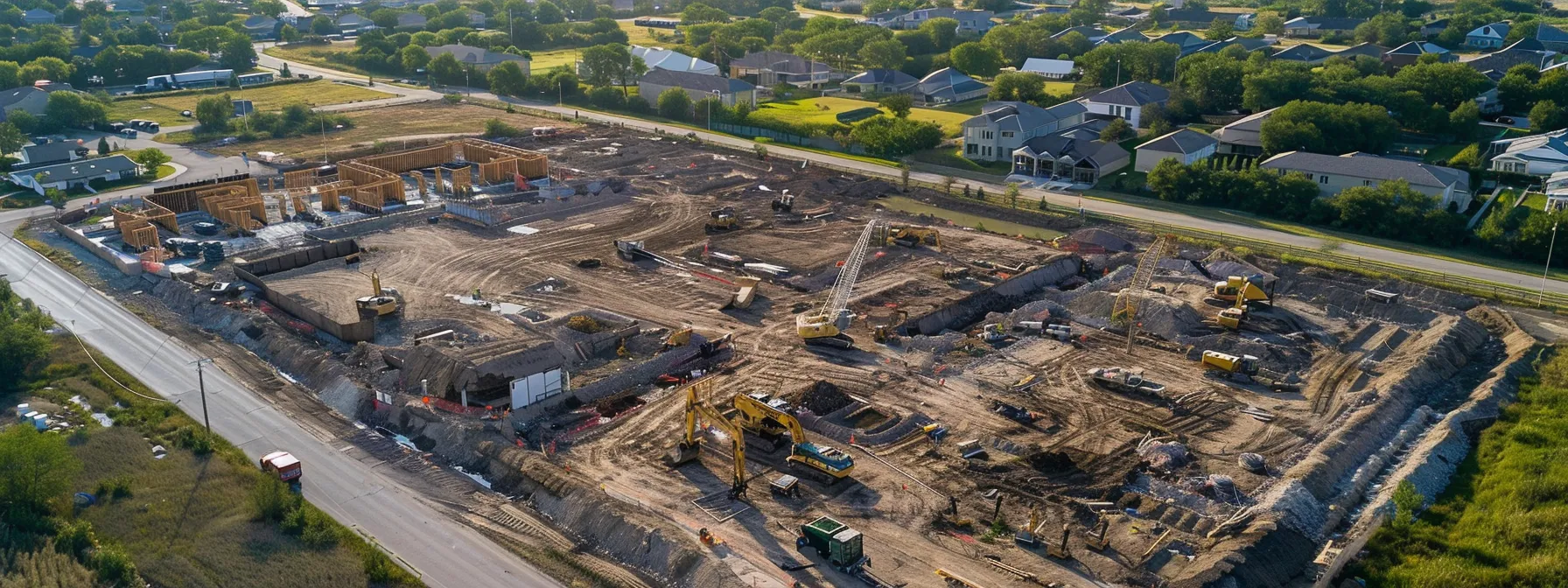 an aerial shot of a bustling construction site with workers and equipment, showcasing the behind-the-scenes process of home building.