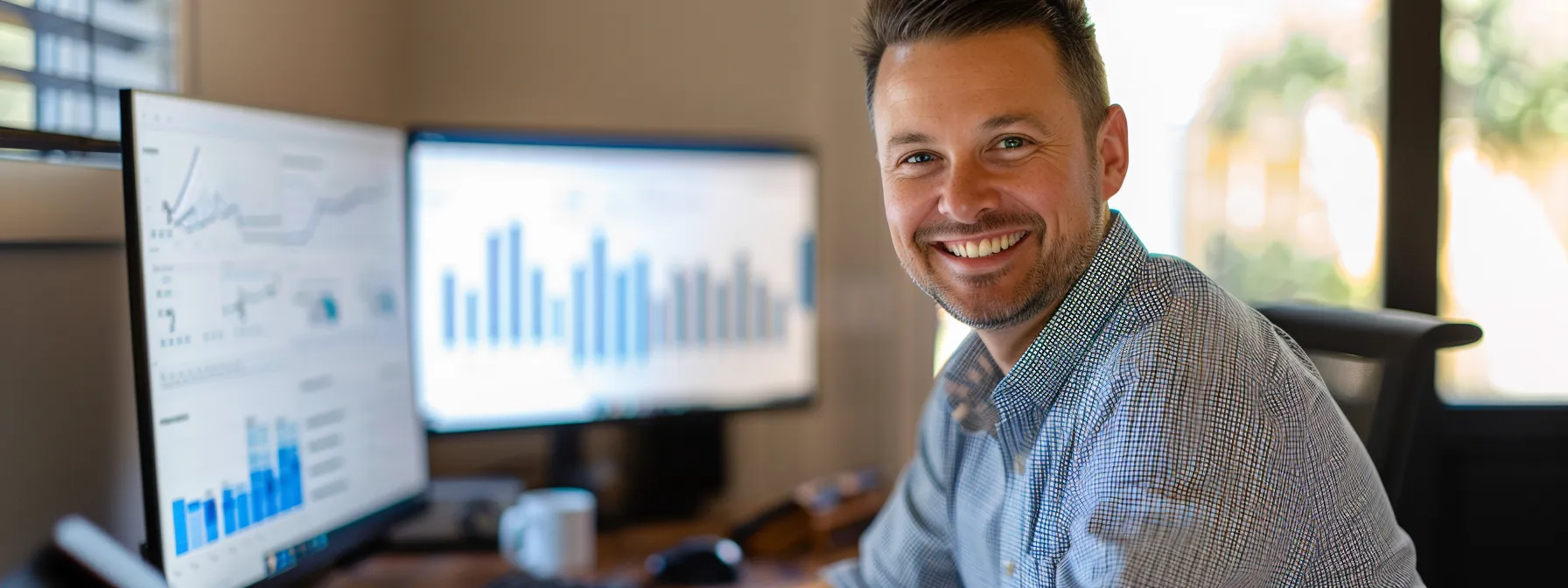 a home builder smiling in front of a computer screen displaying a dashboard with automated email campaigns and rising sales graphs.