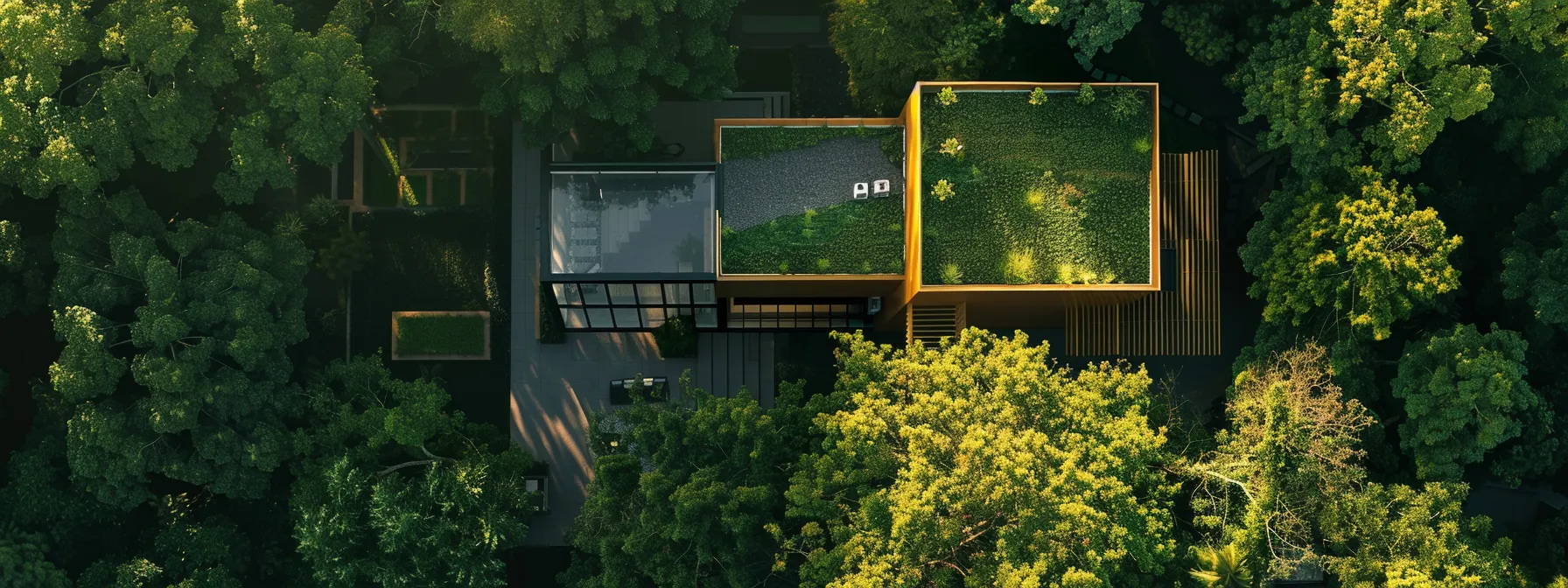 a captivating aerial view of a modern home surrounded by lush greenery, showcasing the visual impact and credibility of imagery in home builder social media strategies.