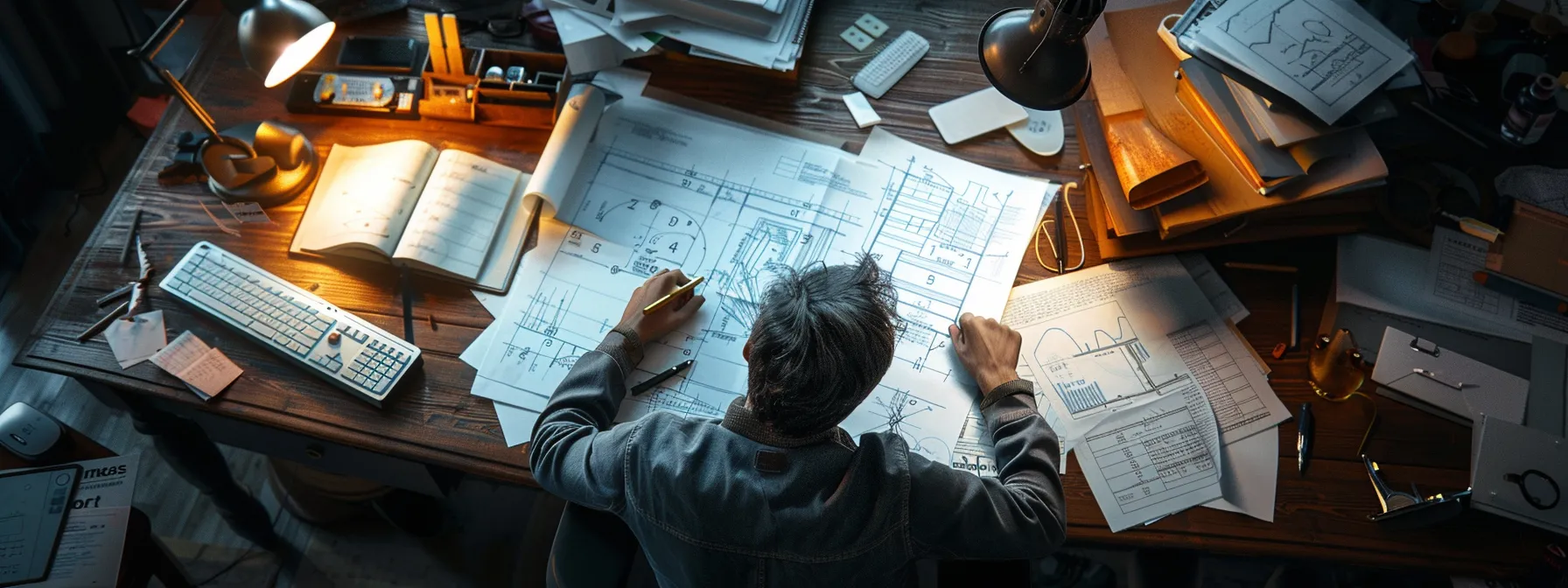 a builder studying blueprints and keyword charts on a cluttered desk, surrounded by competitor analysis notes and strategy diagrams.