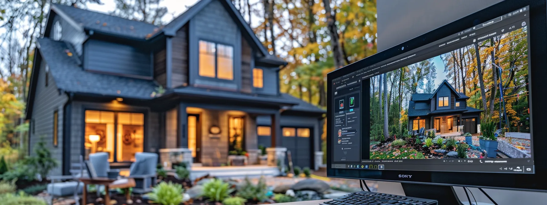 a home builder at a computer screen, surrounded by vibrant images of completed projects and positive client testimonials, showcasing compelling content creation to engage prospective clients effectively.