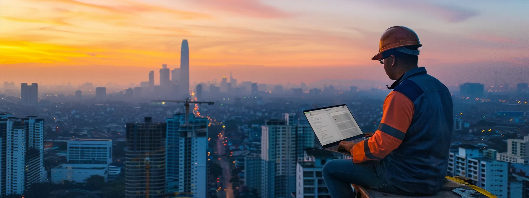 a construction worker optimizing a website on a laptop with a clear view of a vibrant city skyline in the background.