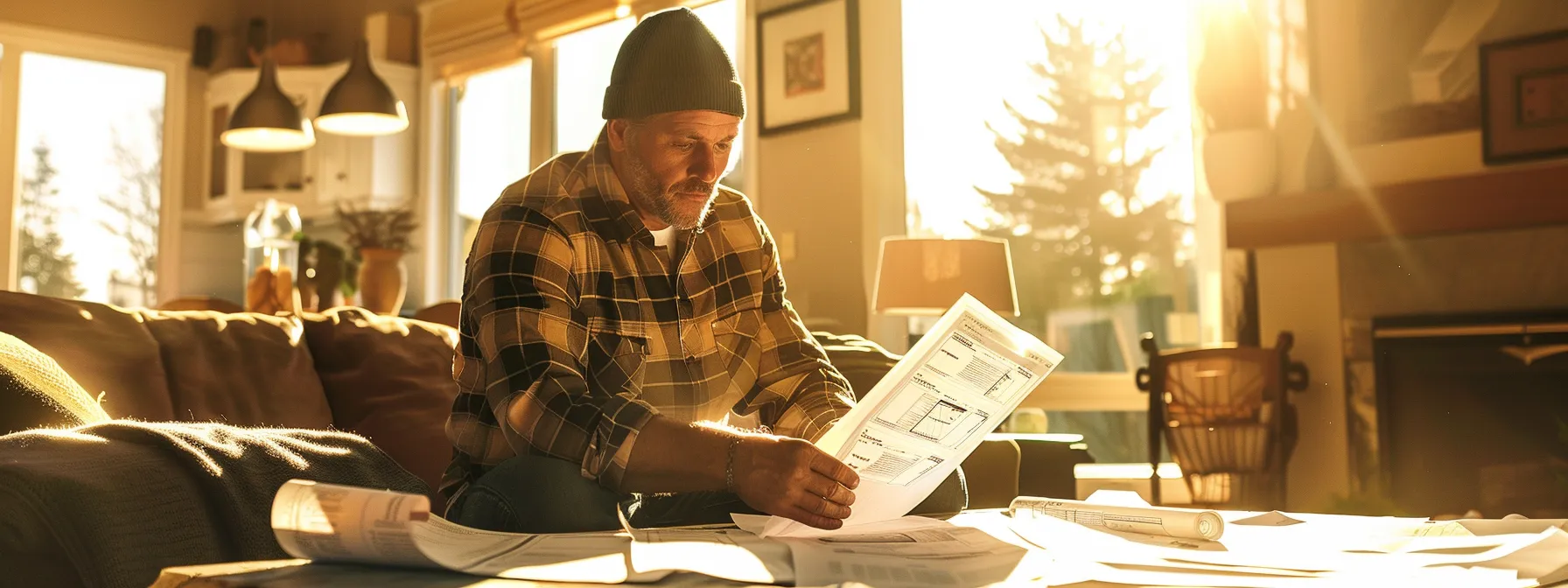 a builder sending a personalized email to a prospective home buyer, surrounded by architectural blueprints and design sketches.